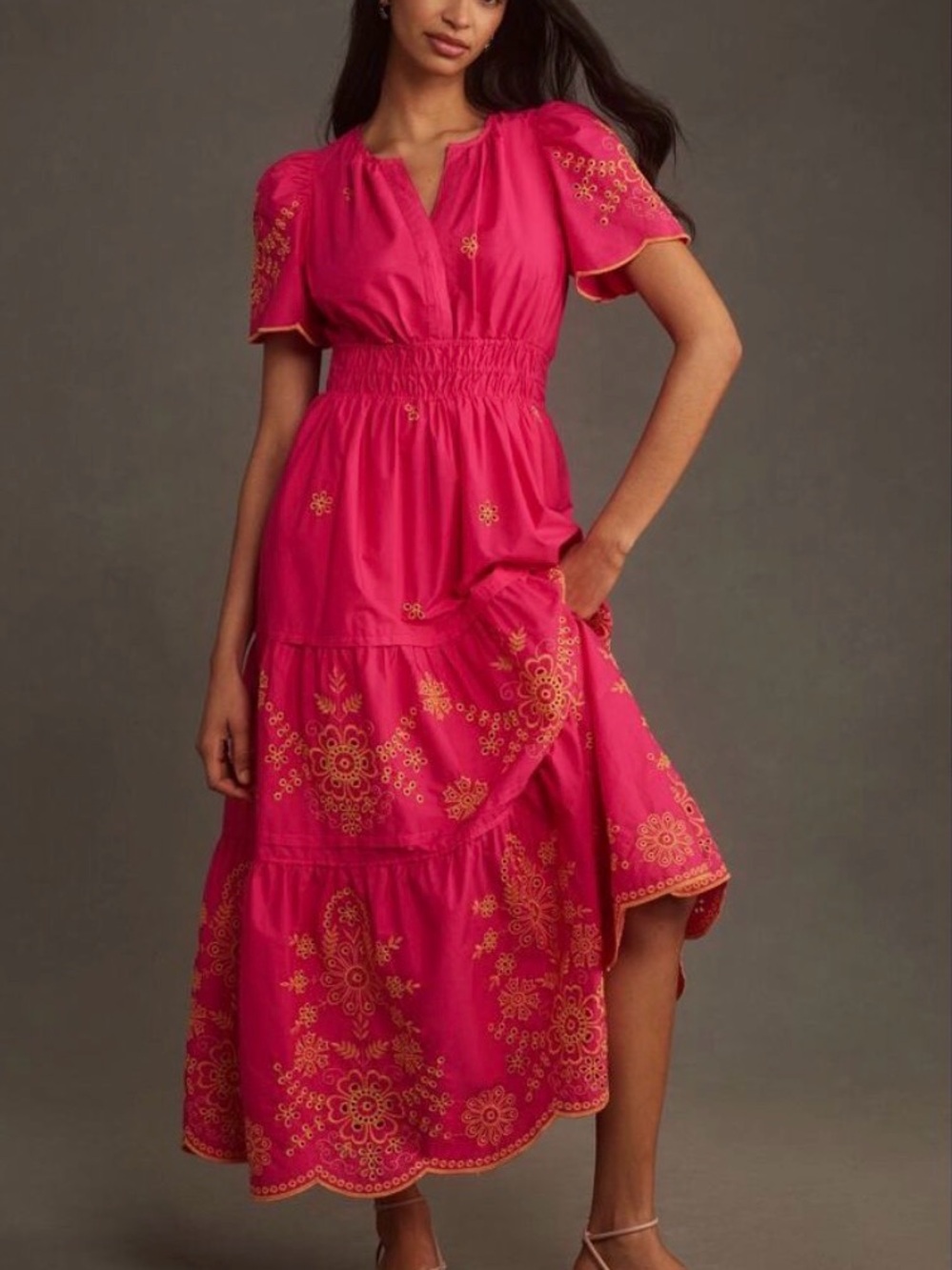 Anthropologie Fuchsia Maxi Dress with Gold Embroidery